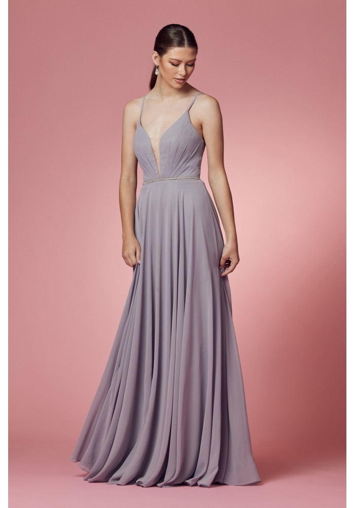 V-neck Sleeve-less Tulle Long Chiffon Bridesmaid Dress - CH-NAR416P