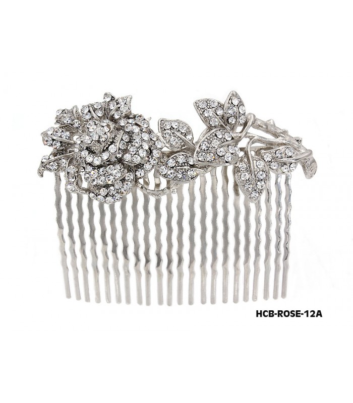 Wedding Hair Comb – Bridal Hair Combs & Clips w/ Austrian Crystal Stones Rose on Stem - HCB-ROSE-12A