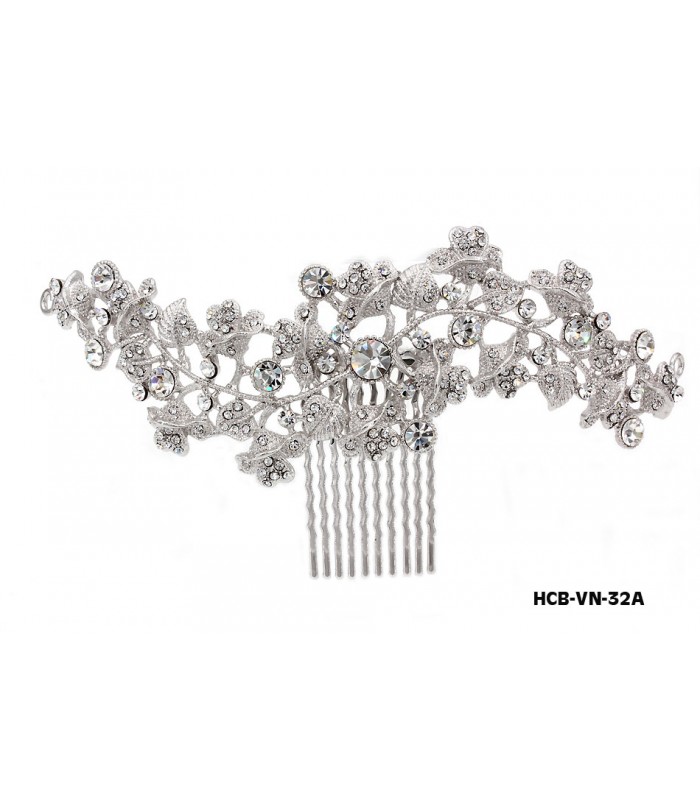 Wedding Hair Comb – Bridal Hair Combs & Clips w/ Austrian Crystal Stones Vine with Hearts - HCB-VN-32A