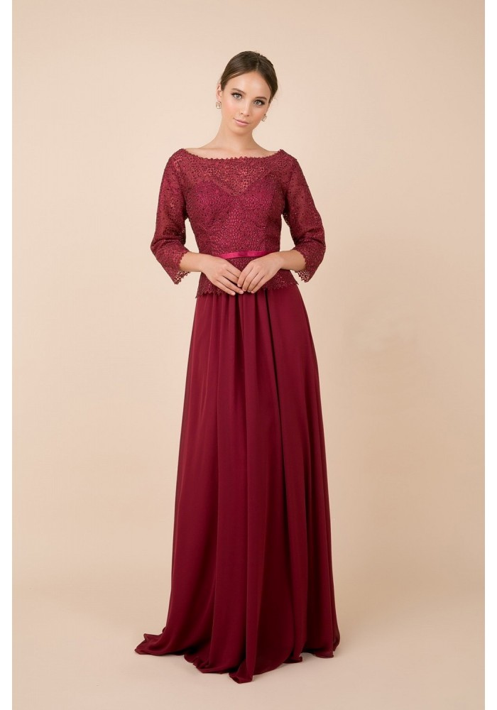 Mother of the Bride Dress - 3/4 Sleeve Long Lace Round Neck Mob Dress - CH-NAM520