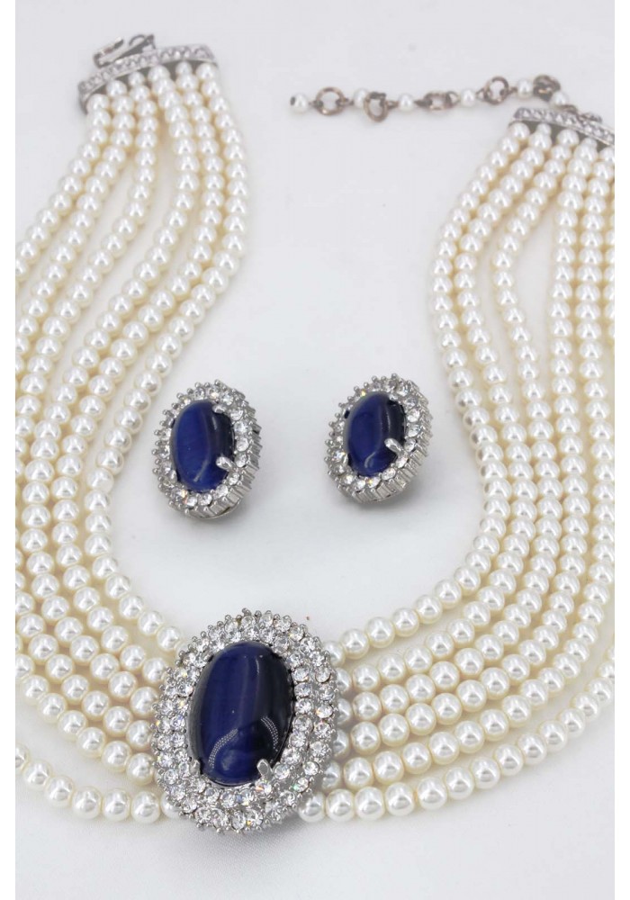 Multi Chain Pearl Necklace and Earrings Set - NE-264BL