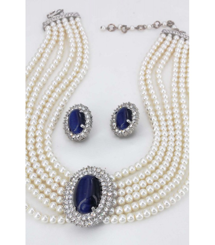 Multi Chain Pearl Necklace and Earrings Set - NE-264BL