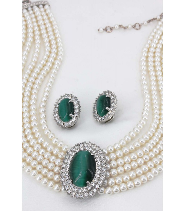 Multi Chain Pearl Necklace and Earrings Set - NE-264GN