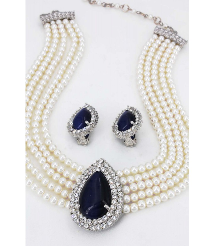 Multi Chain Pearl Necklace and Earrings Set - NE-265BL