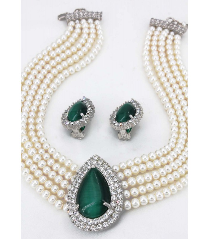 Multi Chain Pearl Necklace and Earrings Set - NE-265GN