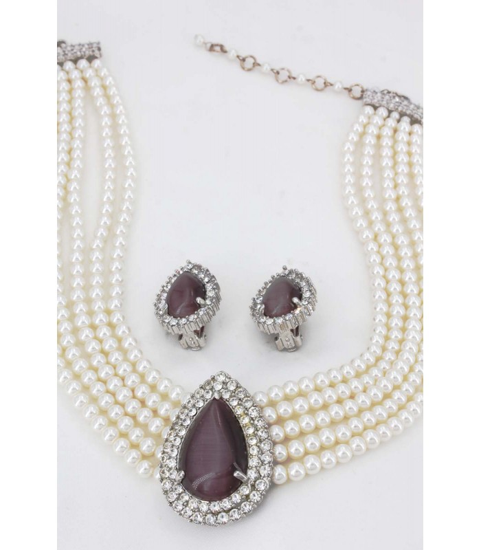Multi Chain Pearl Necklace and Earrings Set - NE-265PL