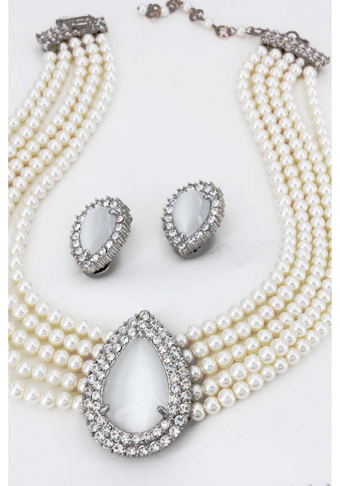 Multi Chain Pearl Necklace and Earrings Set  - NE-265WT