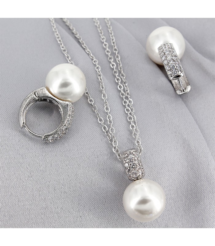Gift set: Maperla Pearl w/ Swarovski Cubic Zirconia Necklace & Earrings Set - NE-JP10416W