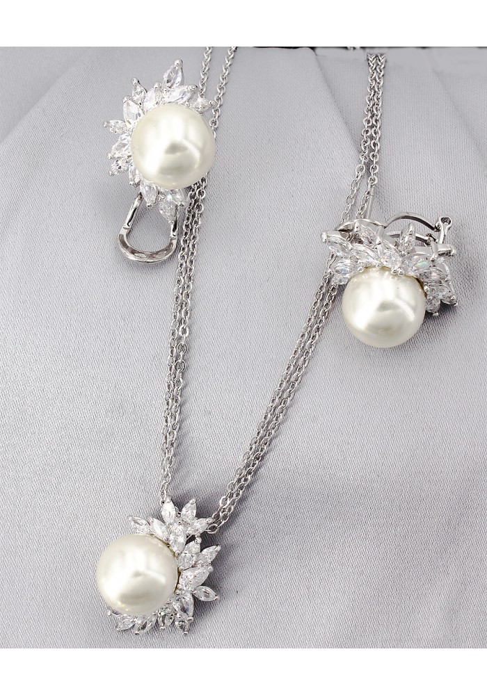 Gift set: Maperla Pearl w/ Swarovski Cubic Zirconia Necklace & Earrings Set - NE-JP10417W