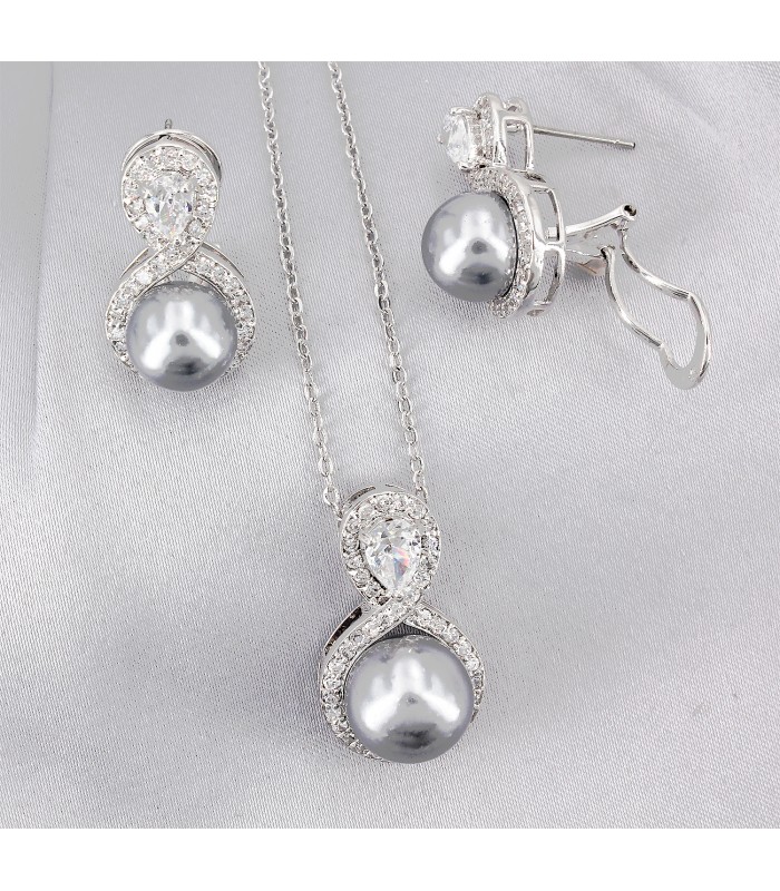 Gift set: Maperla Pearl w/ Swarovski Cubic Zirconia Necklace & Earrings Set - NE-JP11695B