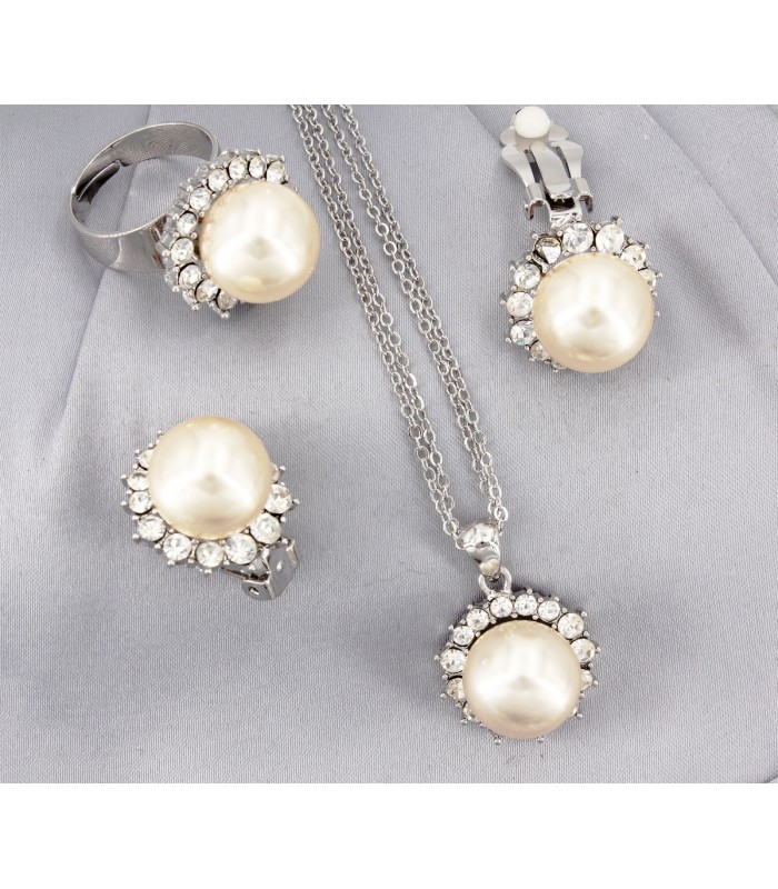 Gift set: Pearl Necklace + Earrings + Ring Set - NE-NS6072W