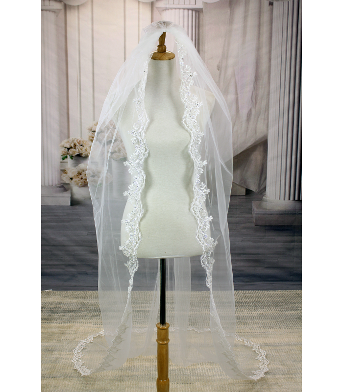 Long Veil - Trim with embroidery lace - 95" - VL-V1072-95IV