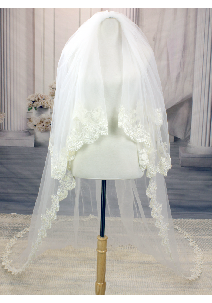 Long Veil - 2 layer with sequin & pearl embellished lace - 110" - VL-V2005-110IV