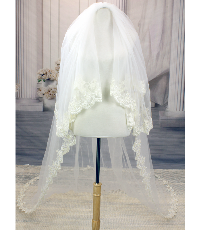 Long Veil - 2 layer with sequin & pearl embellished lace - 110" - VL-V2005-110IV