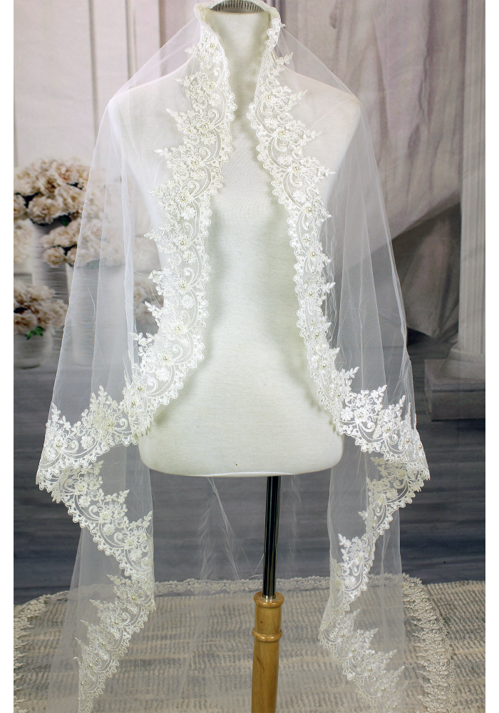 Long Veil - Long Veil with embroidery lace appliques - 110" - VL-VM5002-110IV