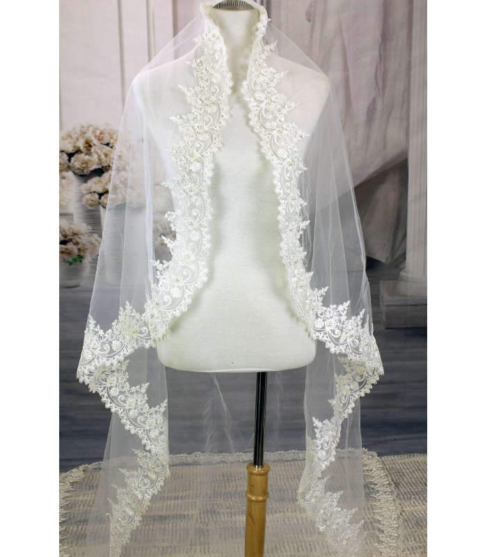 Long Veil - Long Veil with embroidery lace appliques - 110" - VL-VM5002-110IV