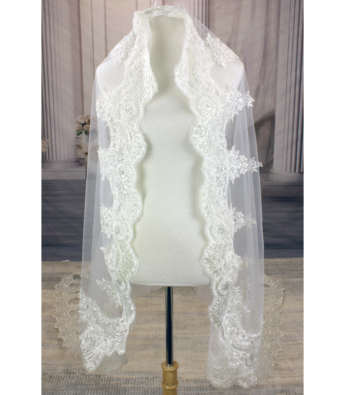 Long Veil - Trim with embroidery lace - 120" - VL-VM5003-120IV