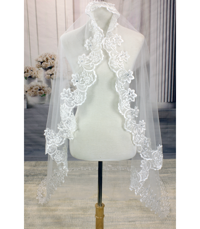 Long Veil - Trim with embroidery lace - 110" - VL-VM5004-110IV