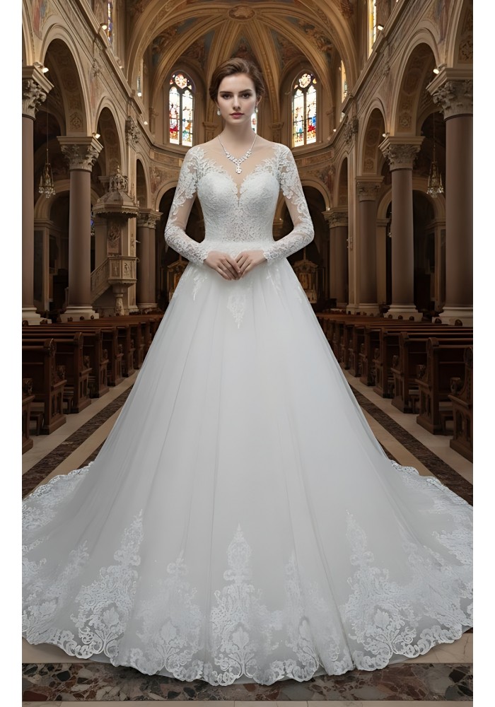 Wedding Dress - Long Sleeves Lace Appliqued Tulle Ball Gown with Sheer Cover Chest and Backline - BLC-B6004