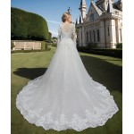 Wedding Dress - Long Sleeves Lace Appliqued Tulle Ball Gown with Sheer Cover Chest and Backline - BLC-B6004