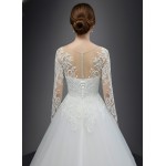 Wedding Dress - Long Sleeves Lace Appliqued Tulle Ball Gown with Sheer Cover Chest and Backline - BLC-B6004