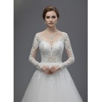 Wedding Dress - Long Sleeves Lace Appliqued Tulle Ball Gown with Sheer Cover Chest and Backline - BLC-B6004