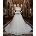 Wedding Dress - Long Sleeves Lace Appliqued Tulle Ball Gown with Sheer Cover Chest and Backline - BLC-B6004