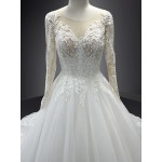 Wedding Dress - Long Sleeves Lace Appliqued Tulle Ball Gown with Sheer Cover Chest and Backline - BLC-B6004