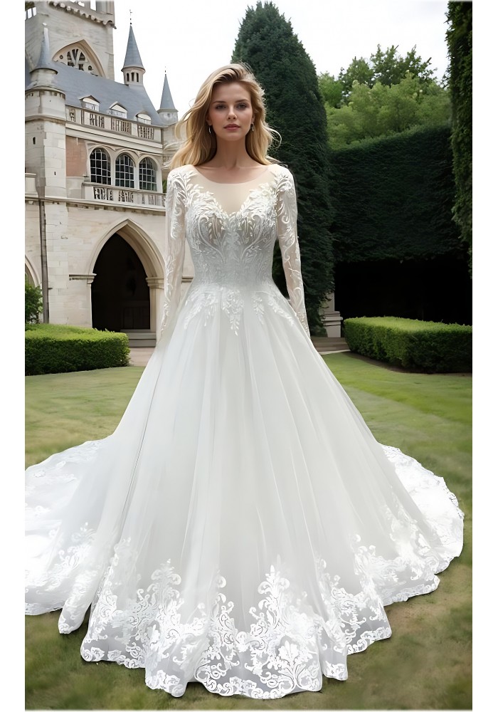 Wedding Dress - Lace Appliqued Tulle Ball Gown with Sheer Coverd Chest and Backlne and Long Sleeves - BLC-B6004