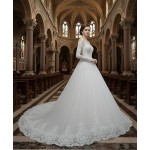 Wedding Dress - Long Sleeves Lace Appliqued Tulle Ball Gown with Sheer Cover Chest and Backline - BLC-B6004
