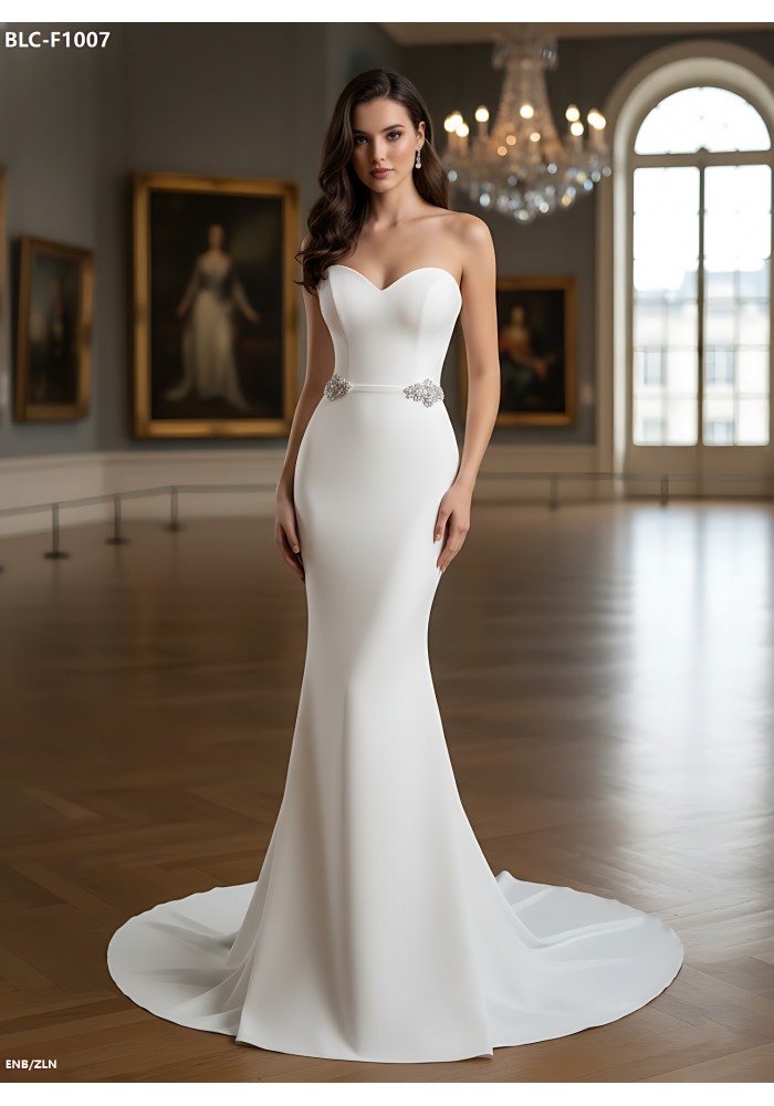 Wedding Dress - Crepe Fitted and Flare with Decorative Rhinestone Side Belts - BLC-F1007