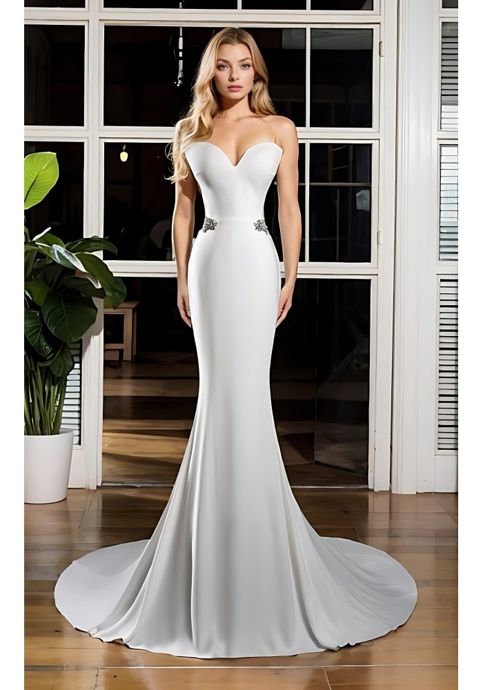 Wedding Dress - Crepe Fitted and Flare with Decorative Rhinestone Side Belts - BLC-F1007