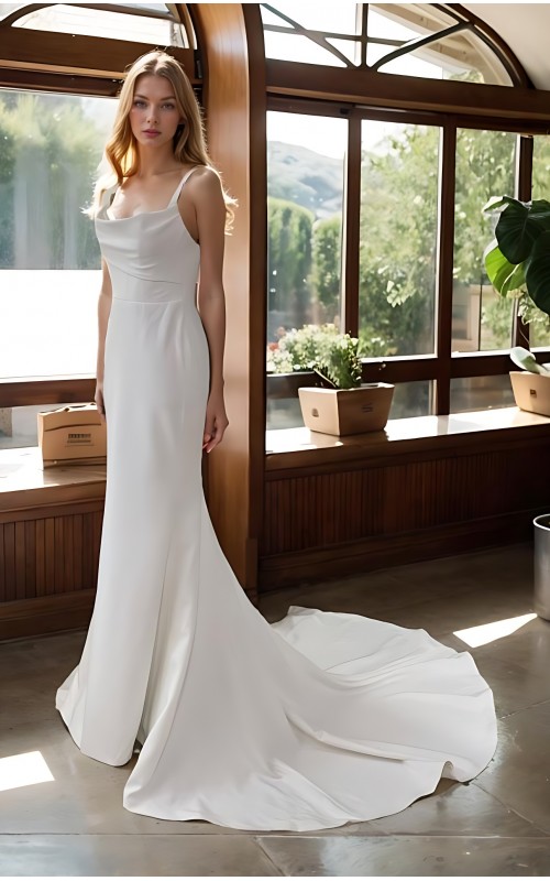 Wedding Dress - Crepe Fitted and Flare with Cowl Neckline - BLC-F2013