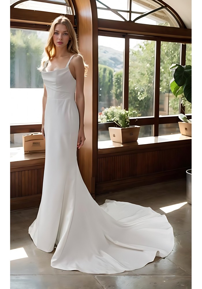 Wedding Dress - Crepe Fitted and Flare with Cowl Neckline - BLC-F2013