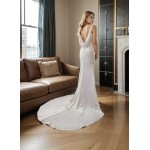 Wedding Dress -Satin Fitted and Flare with Twisted Cross Over Bust Neckline and Slit Skirt -  BLC-F3006