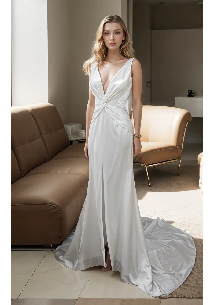 Wedding Dress -Satin Fitted and Flare with Twisted Cross Over Bust Neckline and Slit Skirt -  BLC-F3006