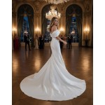 Wedding Dress - Satin Fitted and Flare with Pleated CrossOver Bust Off-Shoulder Sleeves - BLC-F5004