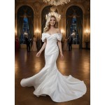 Wedding Dress - Satin Fitted and Flare with Pleated CrossOver Bust Off-Shoulder Sleeves - BLC-F5004