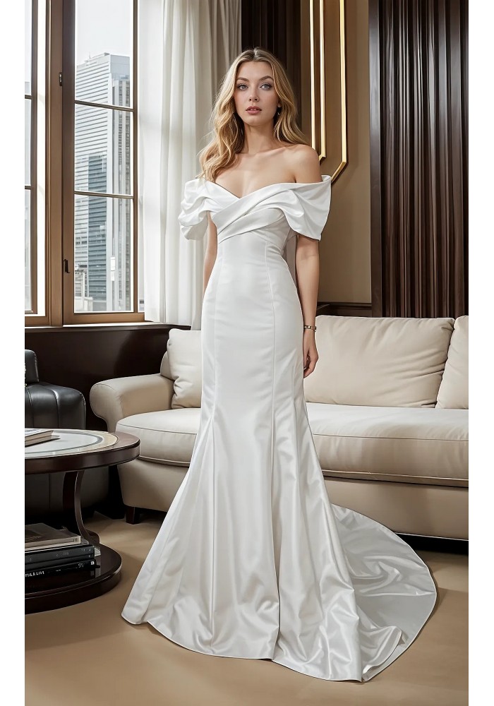 Wedding Dress - Satin Fitted and Flare with Pleated CrossOver Bust Off-Shoulder Sleeves -BLC-F5004