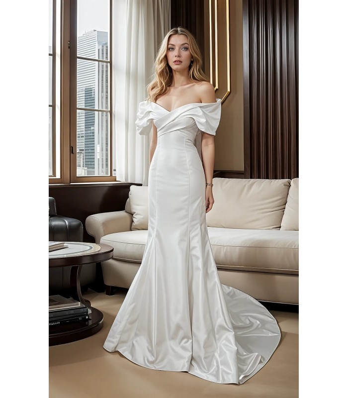 Wedding Dress - Satin Fitted and Flare with Pleated CrossOver Bust Off-Shoulder Sleeves - BLC-F5004