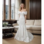 Wedding Dress - Satin Fitted and Flare with Pleated CrossOver Bust Off-Shoulder Sleeves - BLC-F5004