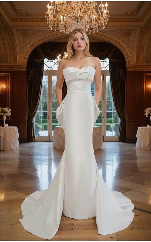 Wedding Dress - Crepe Sheath with Twisted Bust and Detachable Large Bow - BLC-S1005