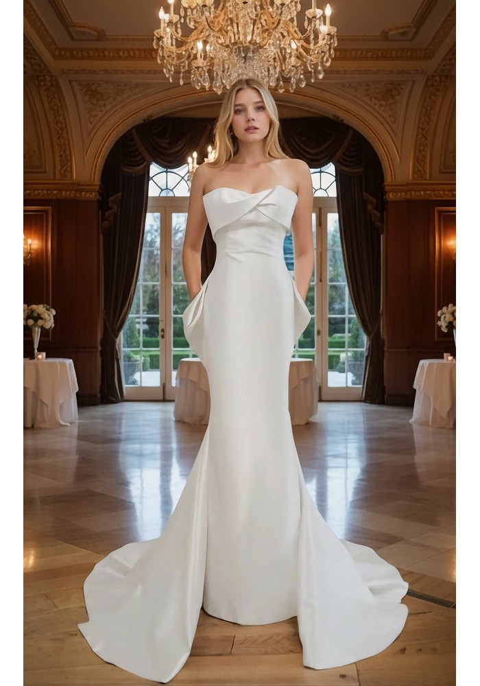 Wedding Dress - Crepe Sheath with Twisted Bust and Detachable Large Bow - BLC-S1005