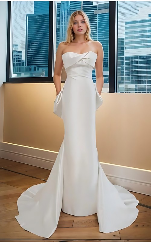 Wedding Dress - Crepe Sheath with Twisted Bust and Detachable Large Bow - BLC-S1005