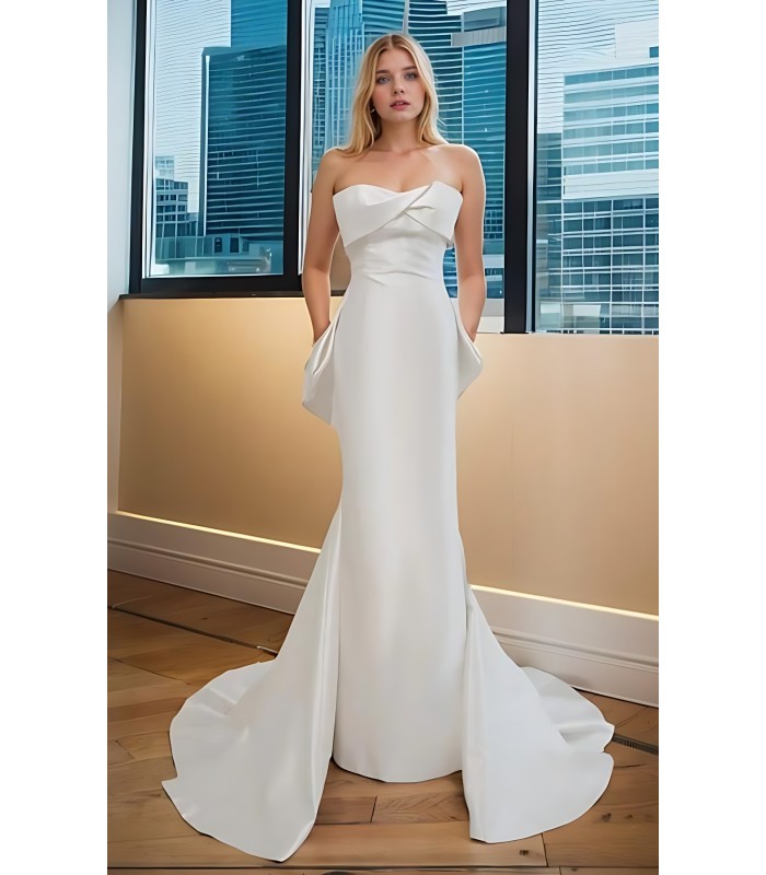 Wedding Dress - Crepe Sheath with Twisted Bust and Detachable Large Bow - BLC-S1005