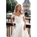 Wedding Dress - Satin Slit Skirt A-line with Pleated Cross-Over Bodice with Detachable Off-Shoulder Straps - BLL-A3002