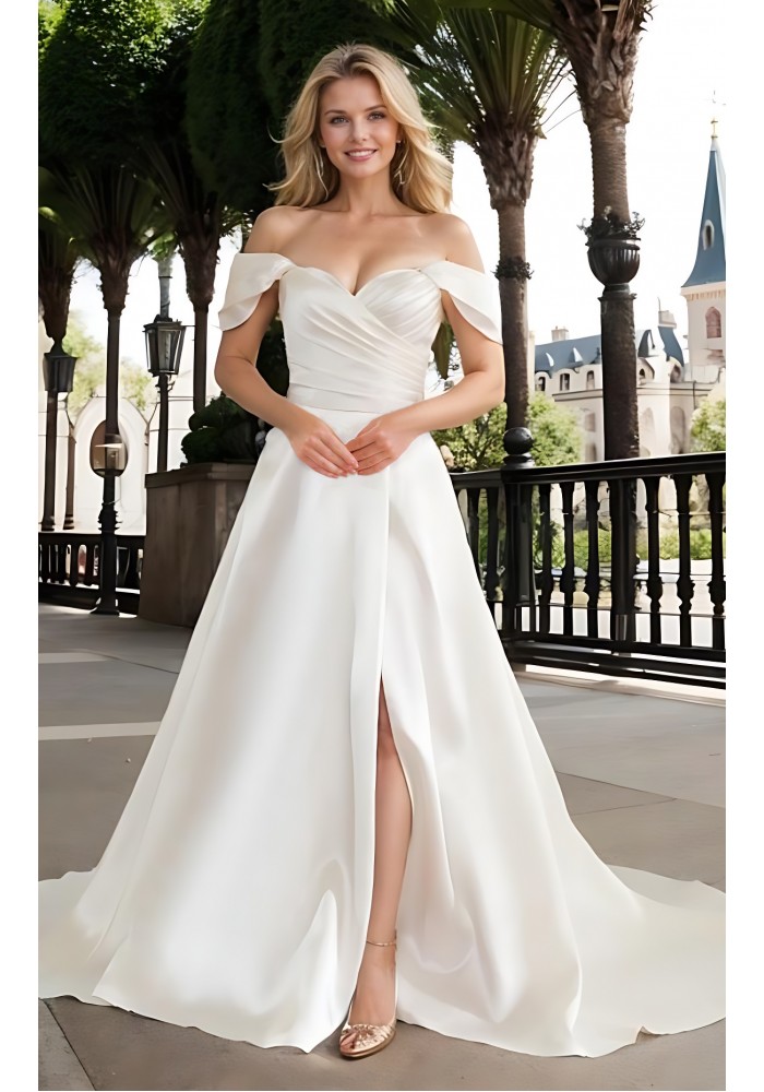 Wedding Dress - Satin Slit Skirt A-line with Pleated Cross-Over Bodice with Detachable Off-Shoulder Straps - BLL-A3002