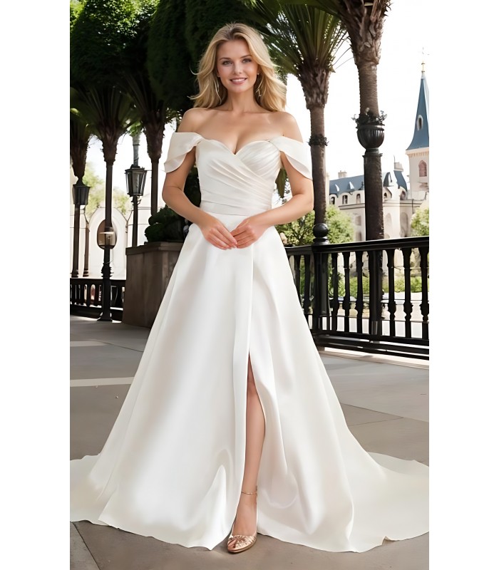 Wedding Dress - Satin Slit Skirt A-line with Pleated Cross-Over Bodice with Detachable Off-Shoulder Straps - BLL-A3002