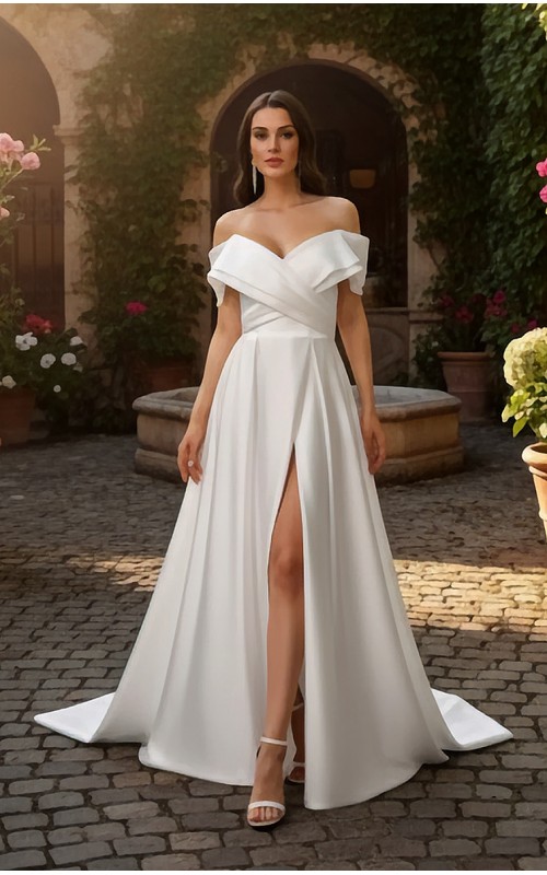 Modern Off-the-Shoulder Satin A-Line Gown with Slit - BLL-A54638