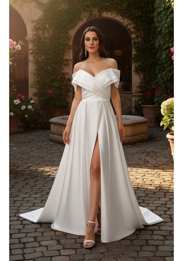 Modern Off-the-Shoulder Satin A-Line Gown with Slit - BLL-A54638